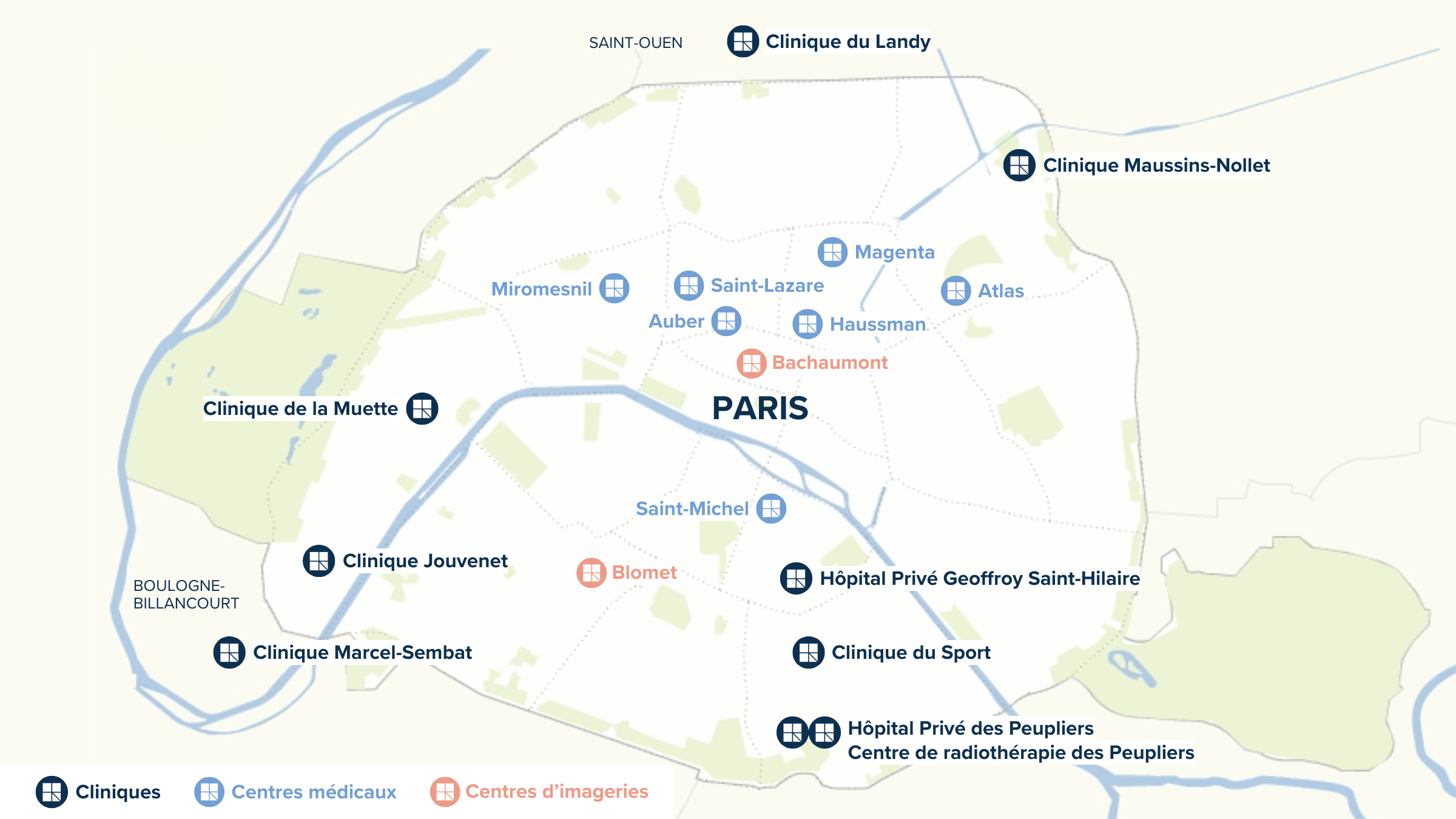Carte des centres médicaux et des cliniques du pôle Paris
